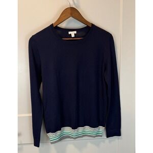 GAP Women's Extra Fine Merino Wool Crewneck Sweater Sz M Navy Blue Striped Waist